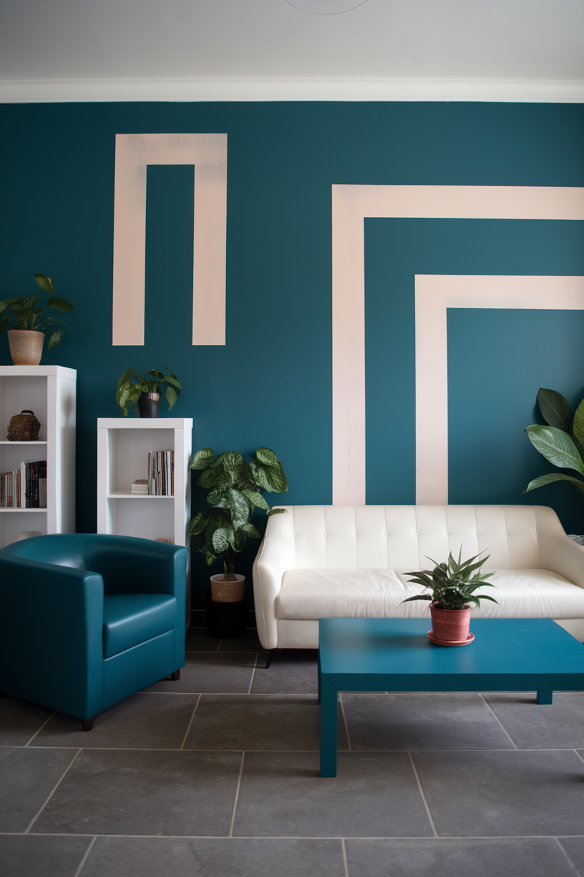 A living room featuring a bold teal accent wall with geometric pink patterns, complemented by white furniture and potted plants.