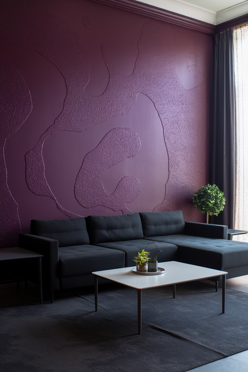 A modern living room featuring a bold burgundy accent wall with textured patterns, complemented by a dark sofa and minimalistic decor.