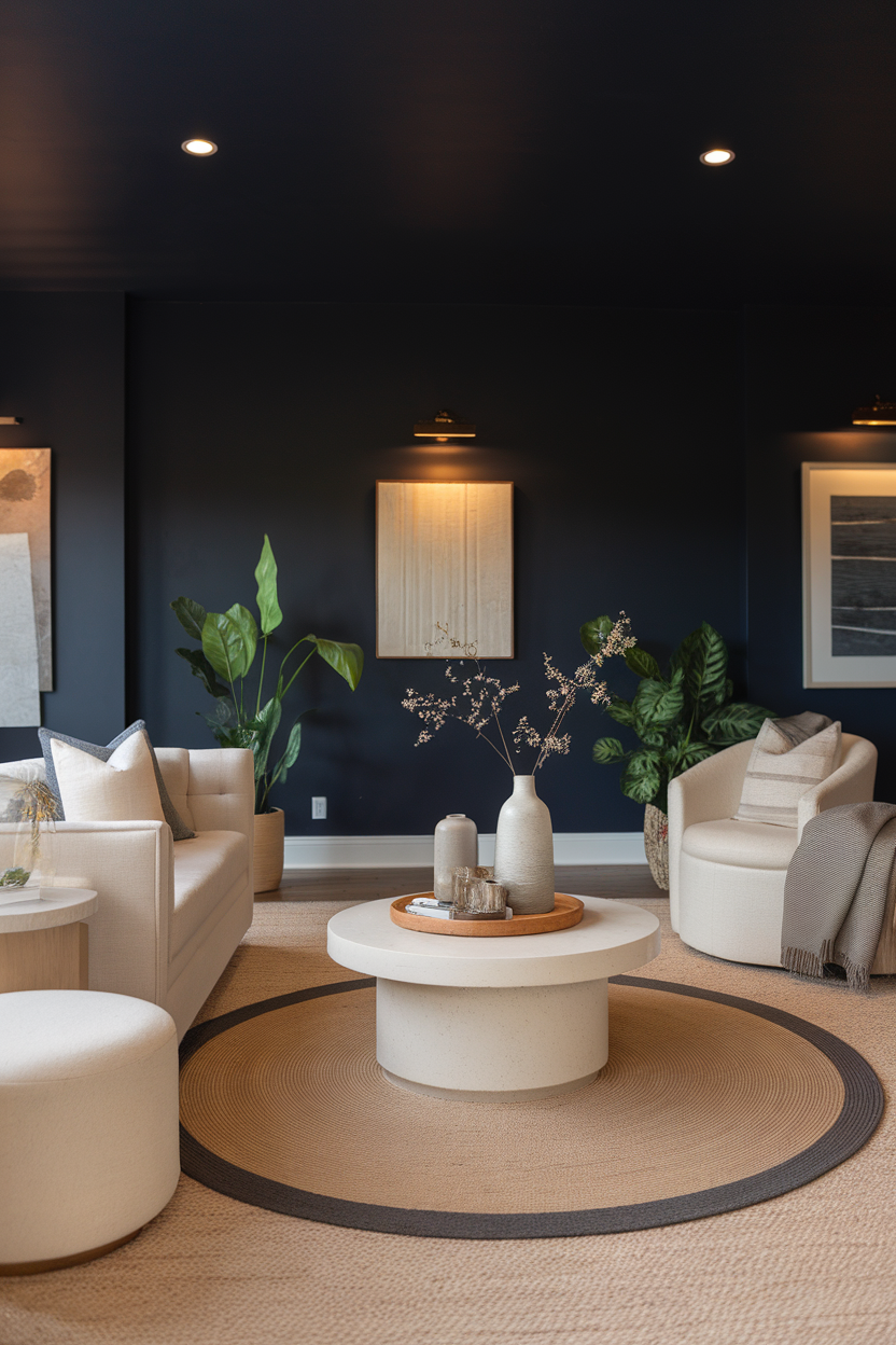 Living room with a bold dark blue accent wall, featuring modern furniture and decorative plants.