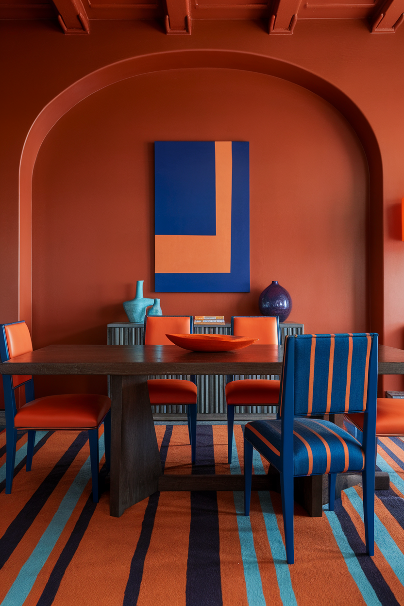 A dining area featuring bold blue and orange color palettes with stylish furniture.