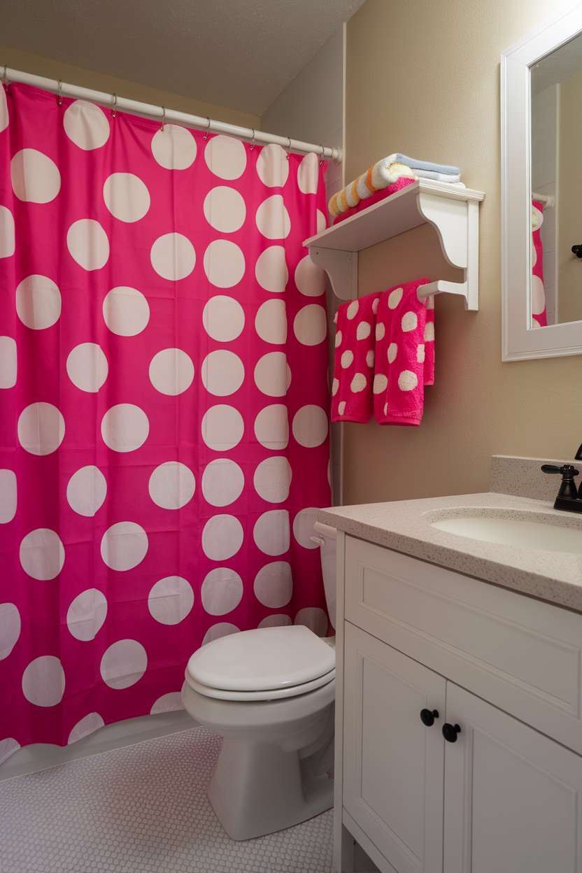 A small bathroom with a bright pink and white polka dot shower curtain and matching towels.