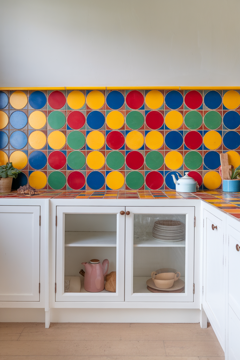 Colorful tile backsplash in a kitchen with circular patterns.