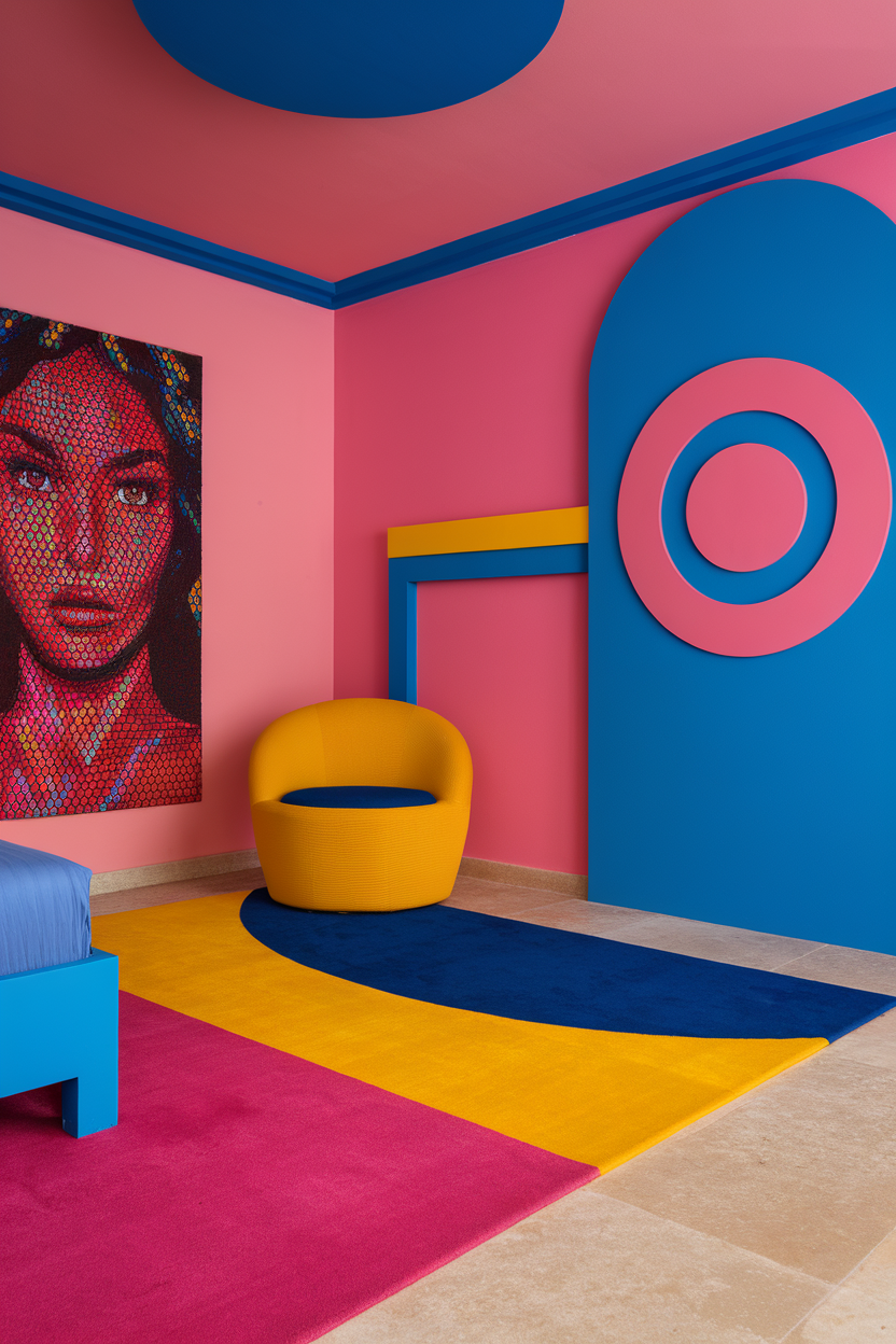 A colorful room featuring bold pink, blue, and yellow decor with a cozy chair and artistic wall art.