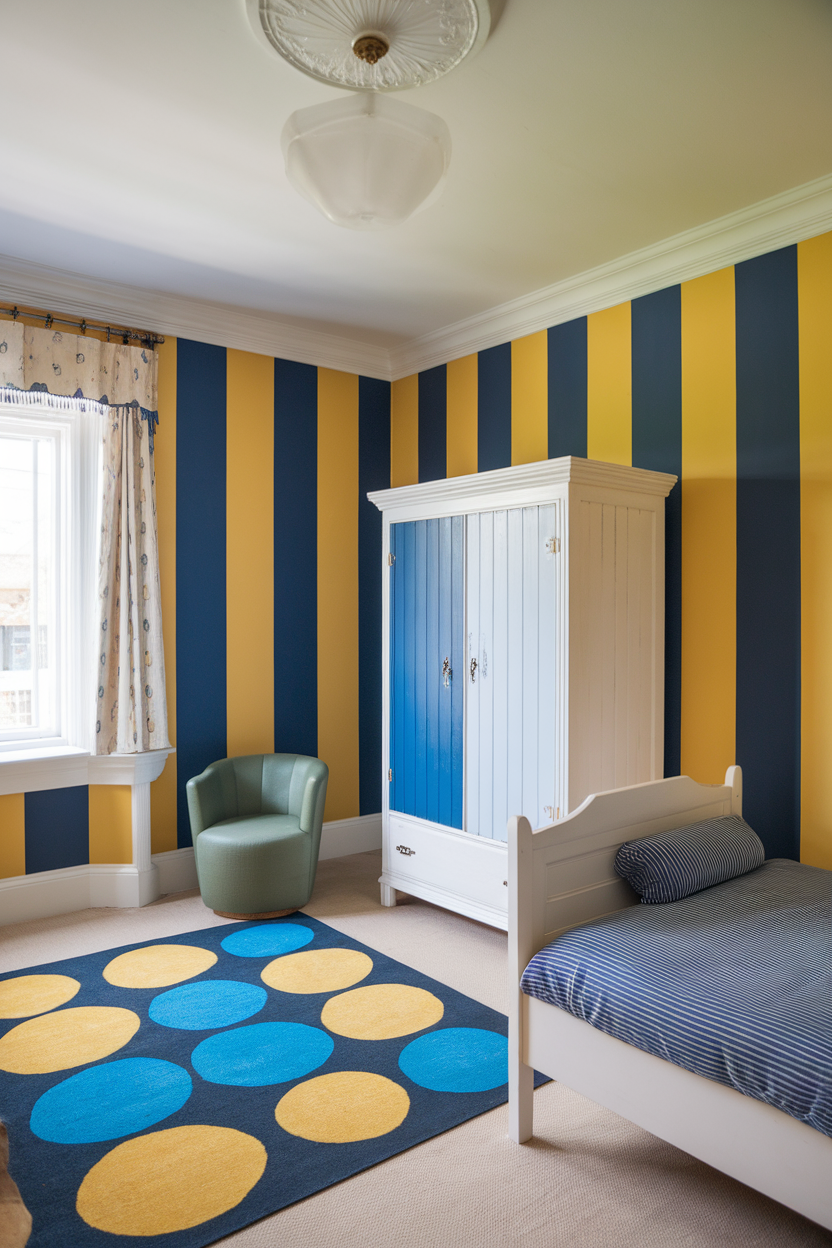 A brightly painted room with bold navy and yellow stripes on the walls, featuring a blue and white wardrobe, a blue and yellow rug, and a green armchair.