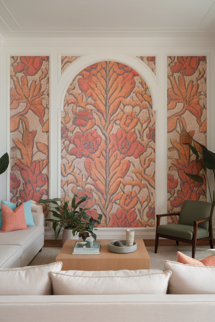 Living room with bold floral wallpaper and modern furniture.