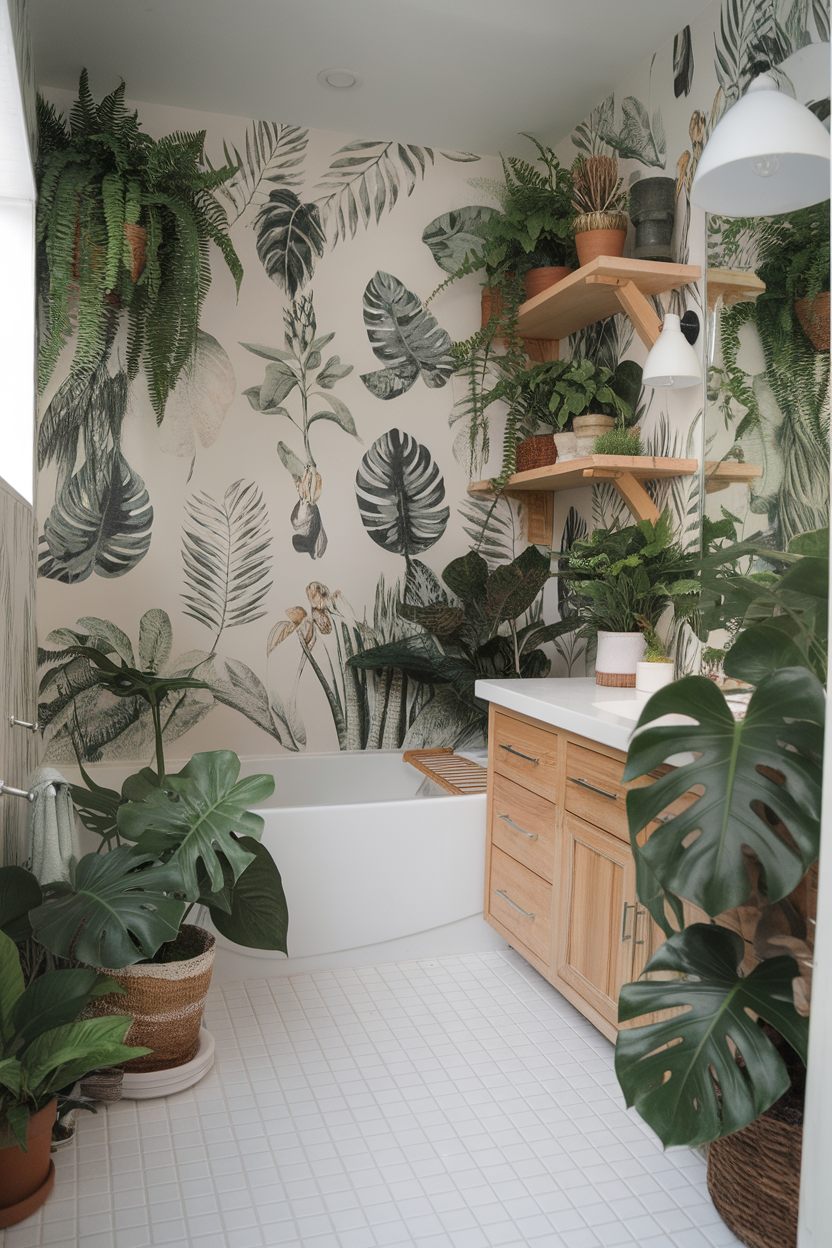 A bathroom with leafy wallpaper and various potted plants creating a green oasis.