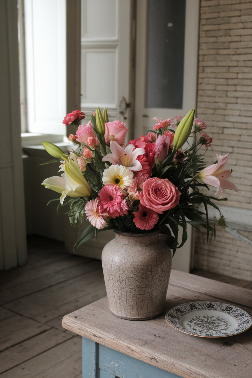 A beautiful vase filled with colorful flowers on a wooden table in a cozy room.