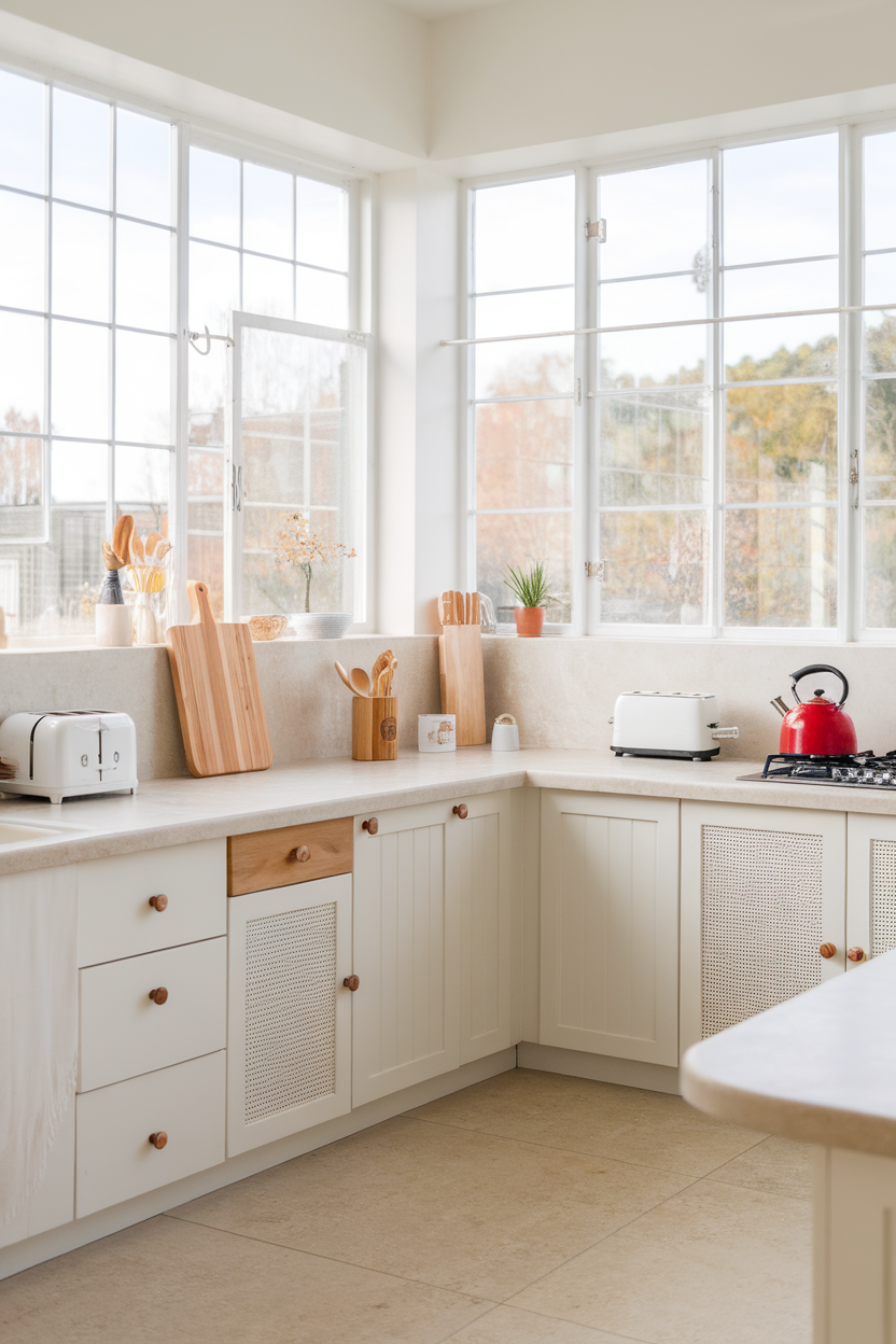 A bright and airy kitchen with large windows, light countertops, and wooden kitchen utensils