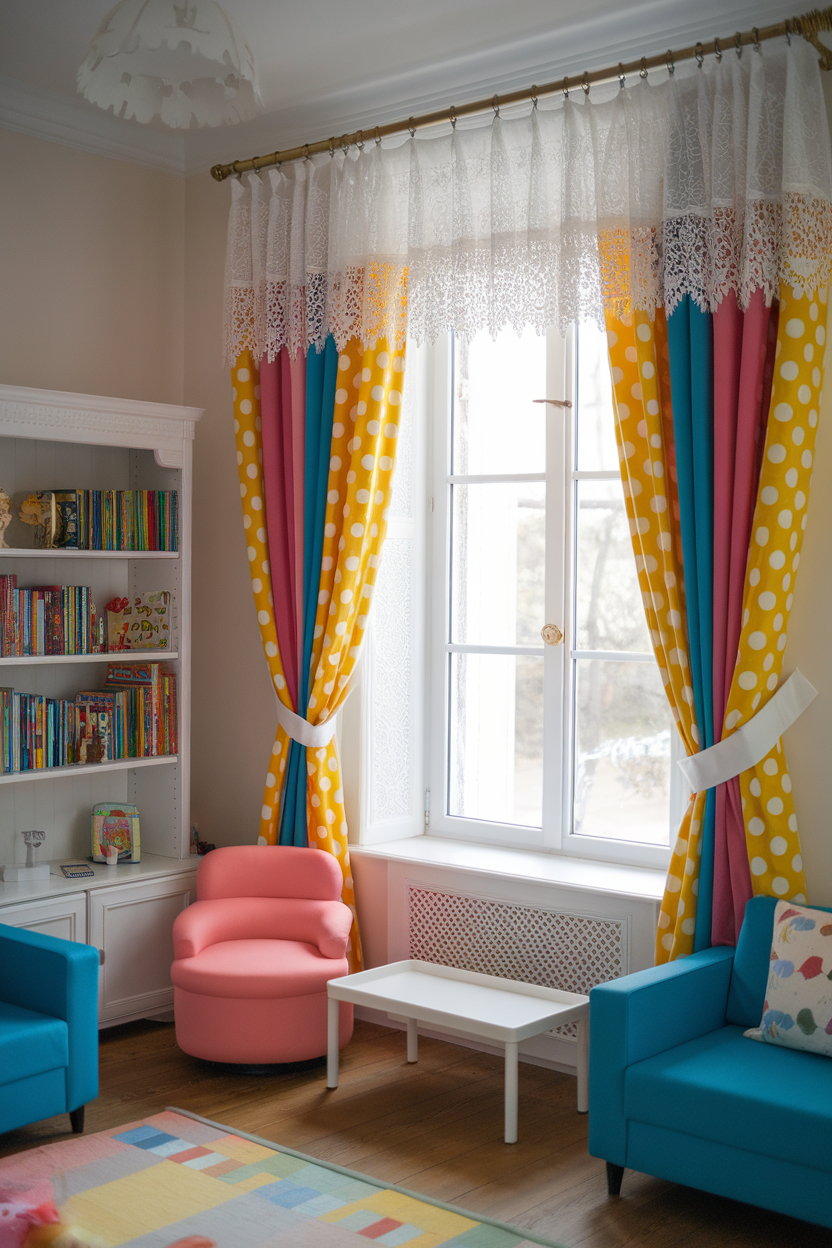 Colorful curtains in a kids room with bright blue and pink seating.