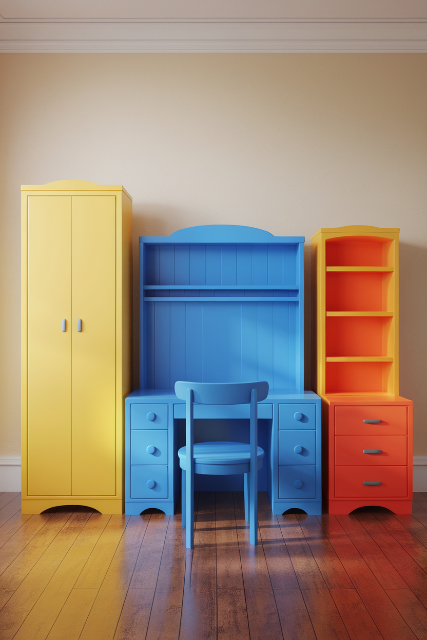 A stylish kids room featuring yellow, blue, and orange furniture