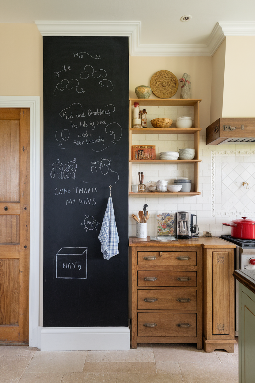 A kitchen area featuring a chalkboard-painted wall with various doodles and notes written in chalk.