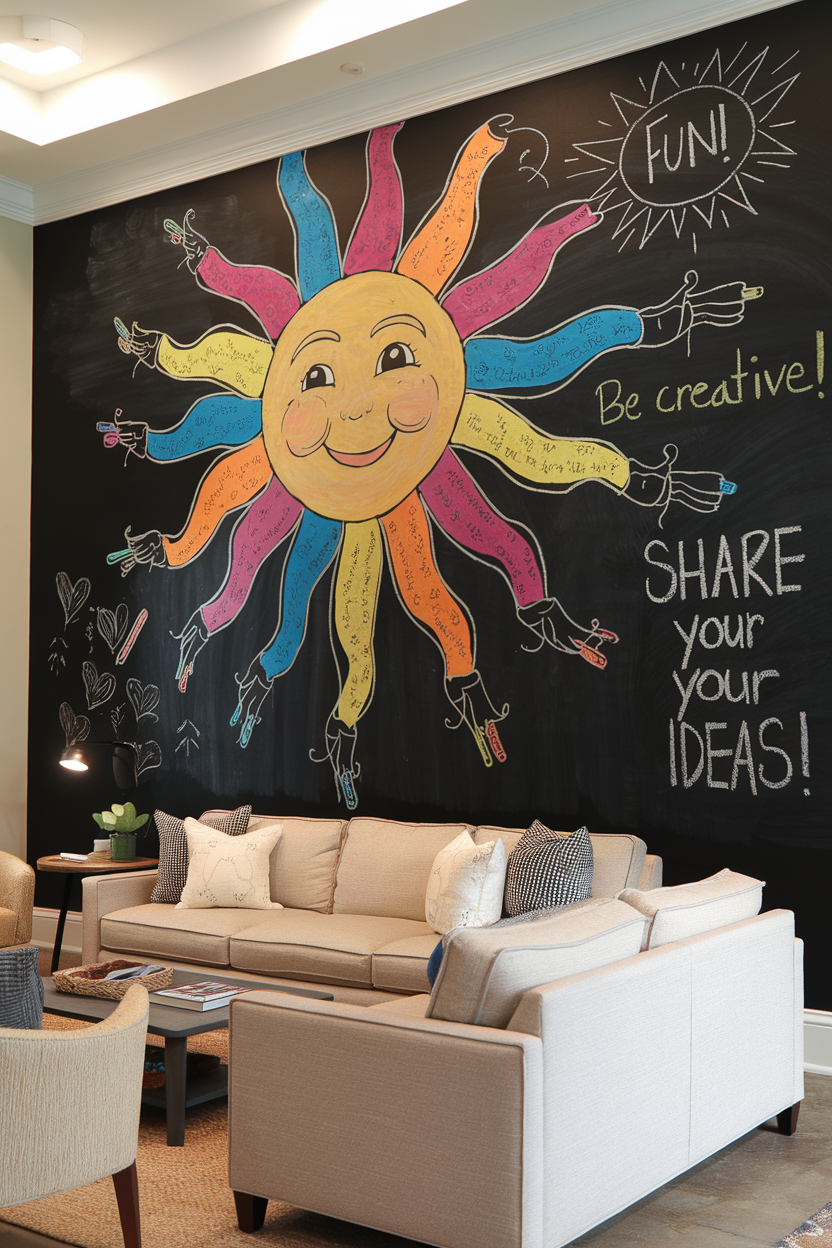 A vibrant chalkboard wall featuring a cheerful sun and colorful drawings, enhancing a cozy living room.