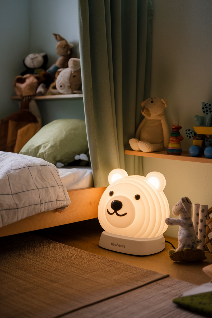 A bear-shaped bedside lamp illuminating a child's room with toys and a bed.