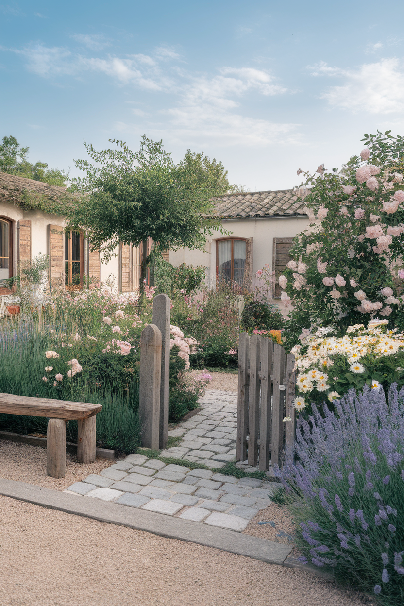A charming garden with flowers, a wooden bench, and a cobblestone path leading to a cozy house.