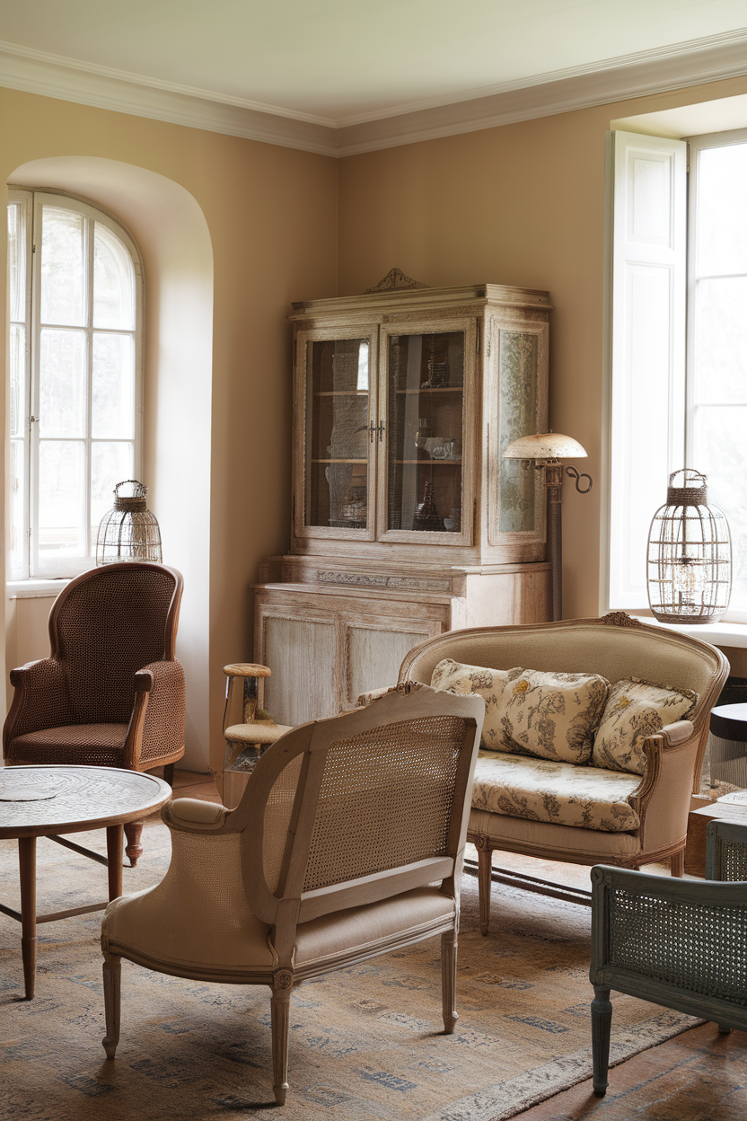 Charming rustic furniture in a French country decor setup.