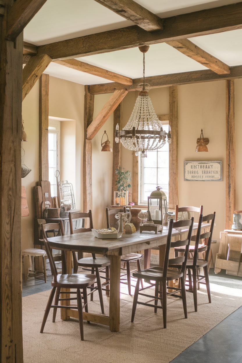 A rustic dining area featuring wooden beams, a chandelier, and vintage decor.