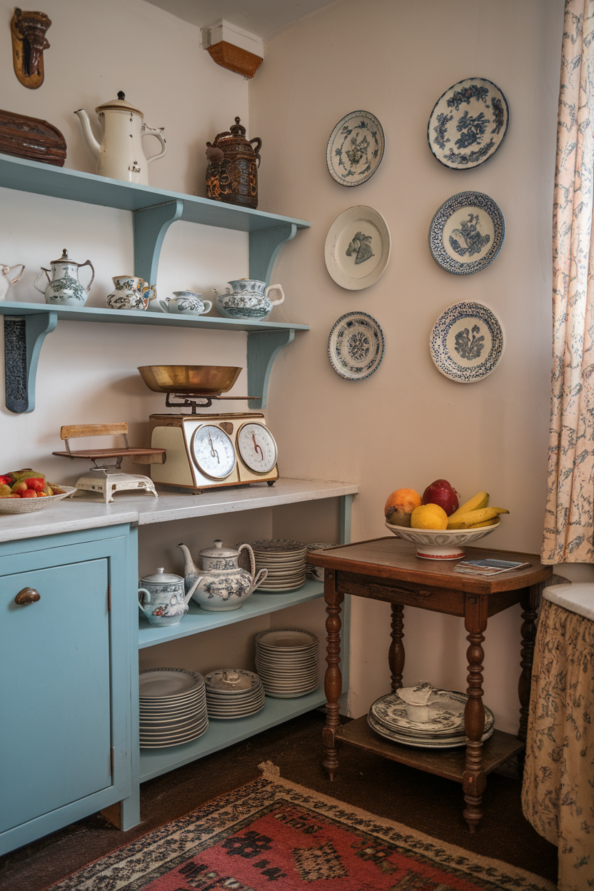A cozy vintage kitchen with blue shelves, teapots, plates, and a bowl of fresh fruit.