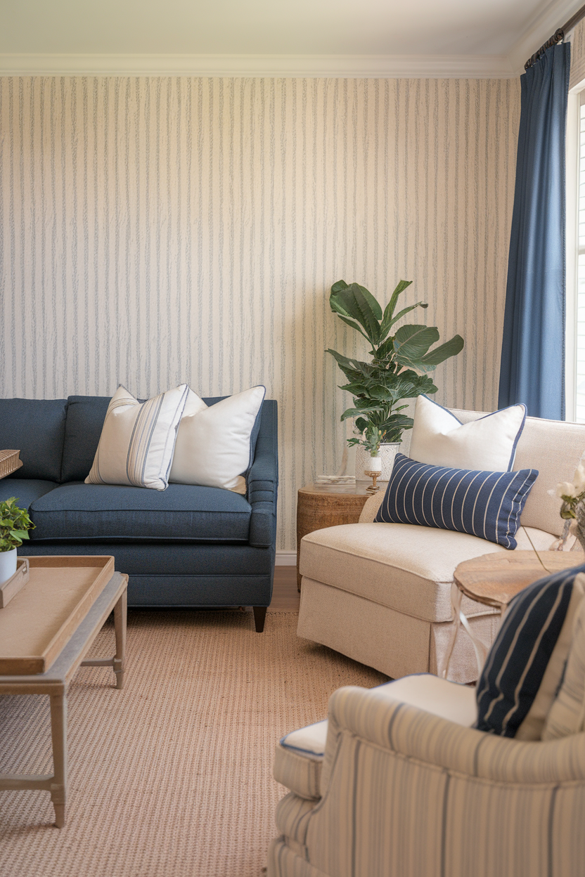 A cozy living room with a blue couch and various accent pillows.