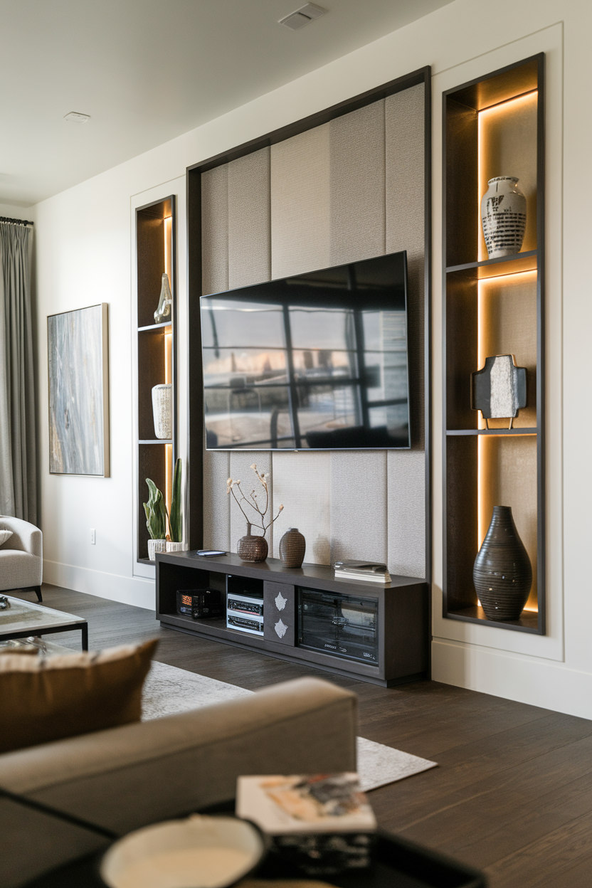 Modern living room with a chic entertainment center featuring a large TV and decorative shelves.