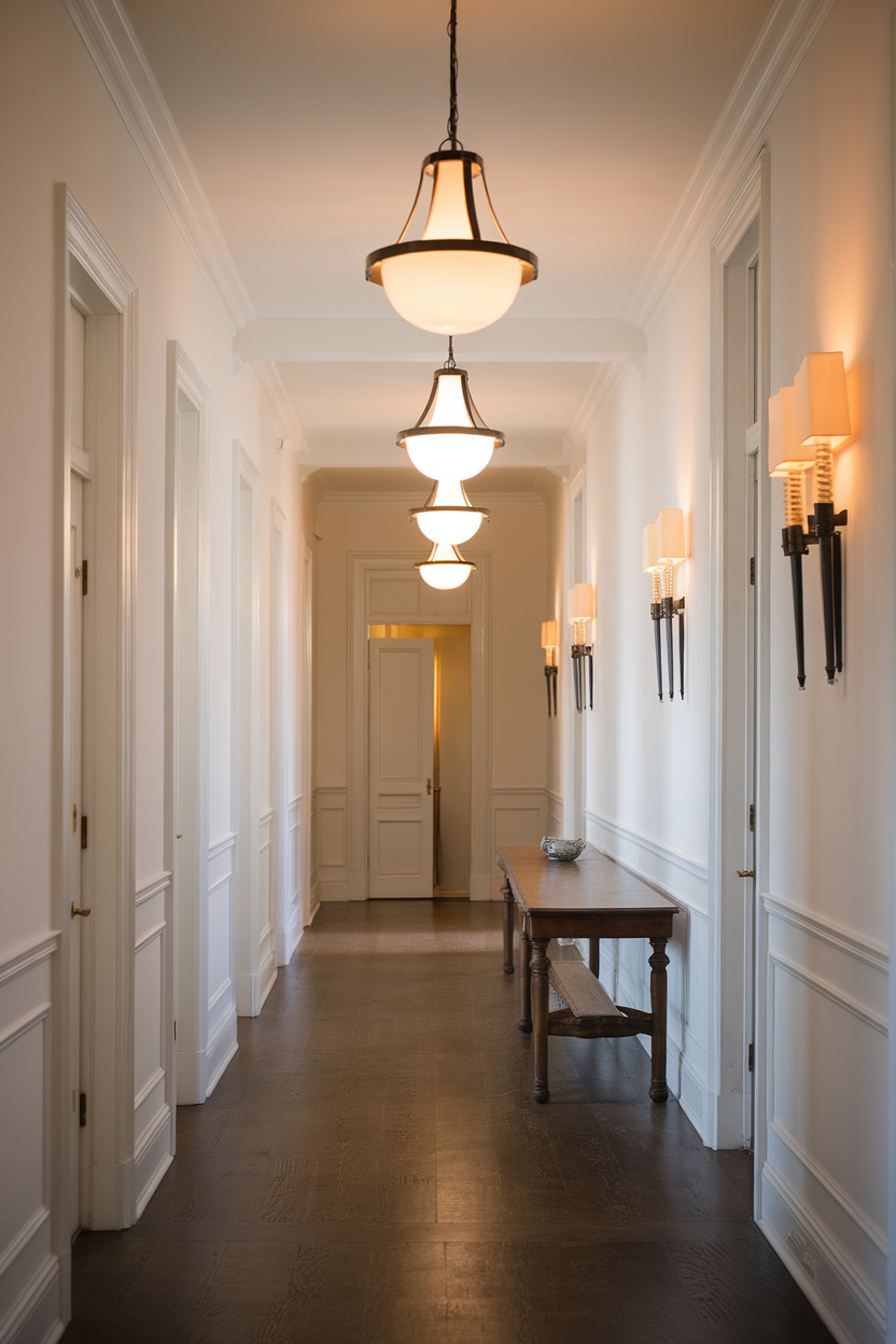Elegant hallway with stylish lighting fixtures