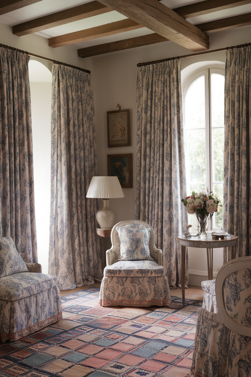 A cozy living room with floral patterned curtains and upholstery, featuring a round table with flowers and a lamp.