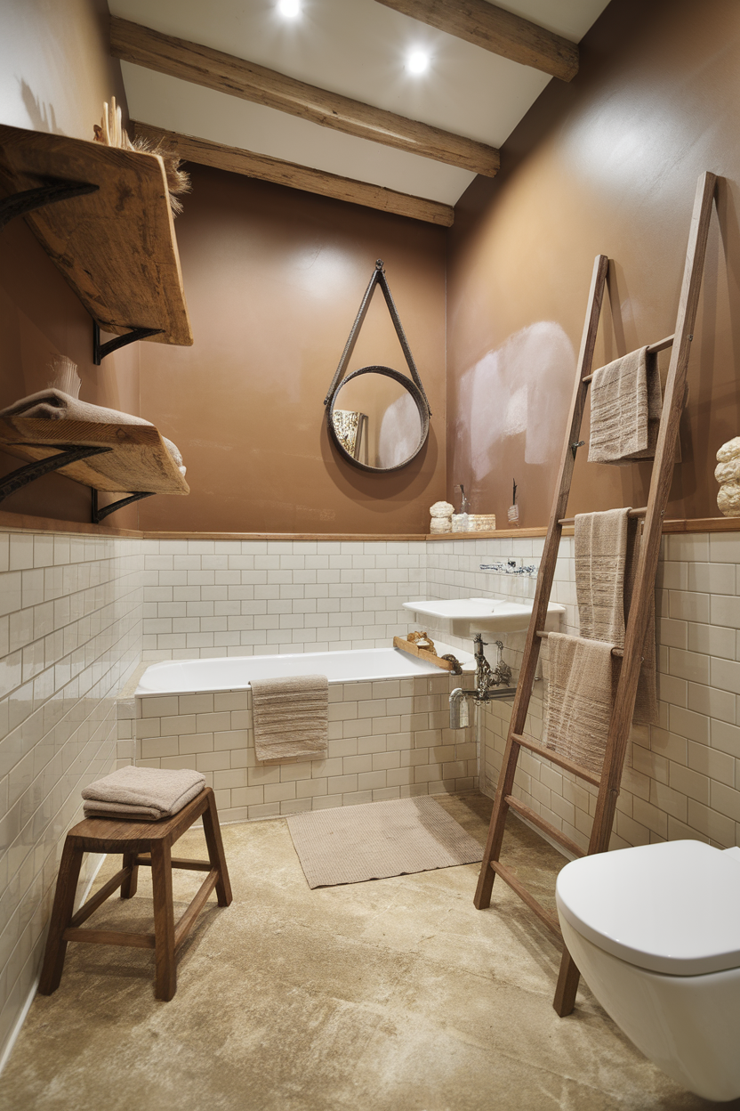 A cozy bathroom featuring wooden shelves, a ladder, and soft towels.