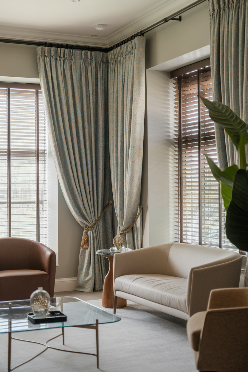 A stylish sitting room featuring elegant curtains and wooden blinds.