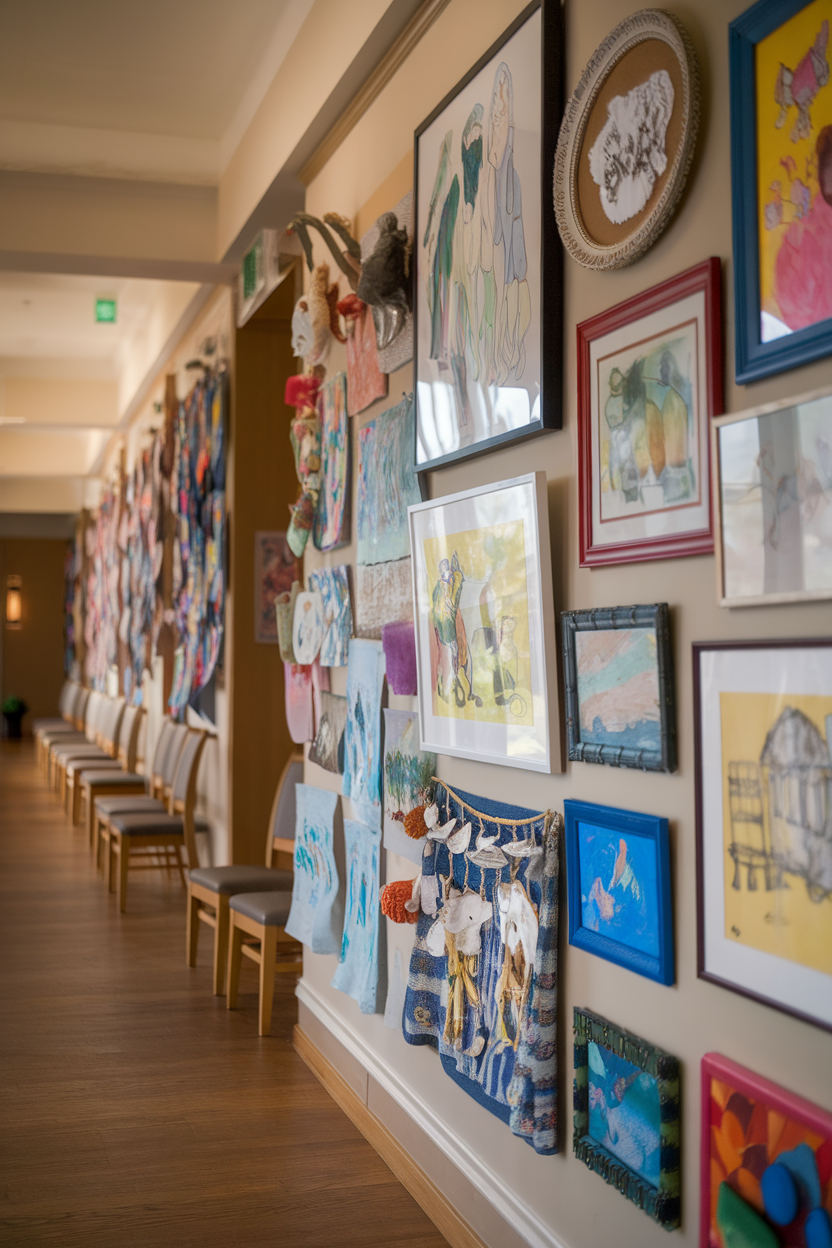 A hallway filled with children's art displayed on the walls, featuring colorful paintings and crafts.