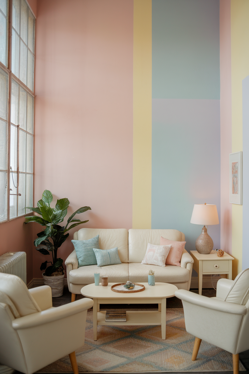 Cozy small living room decorated with light pastel colors and comfortable furniture.