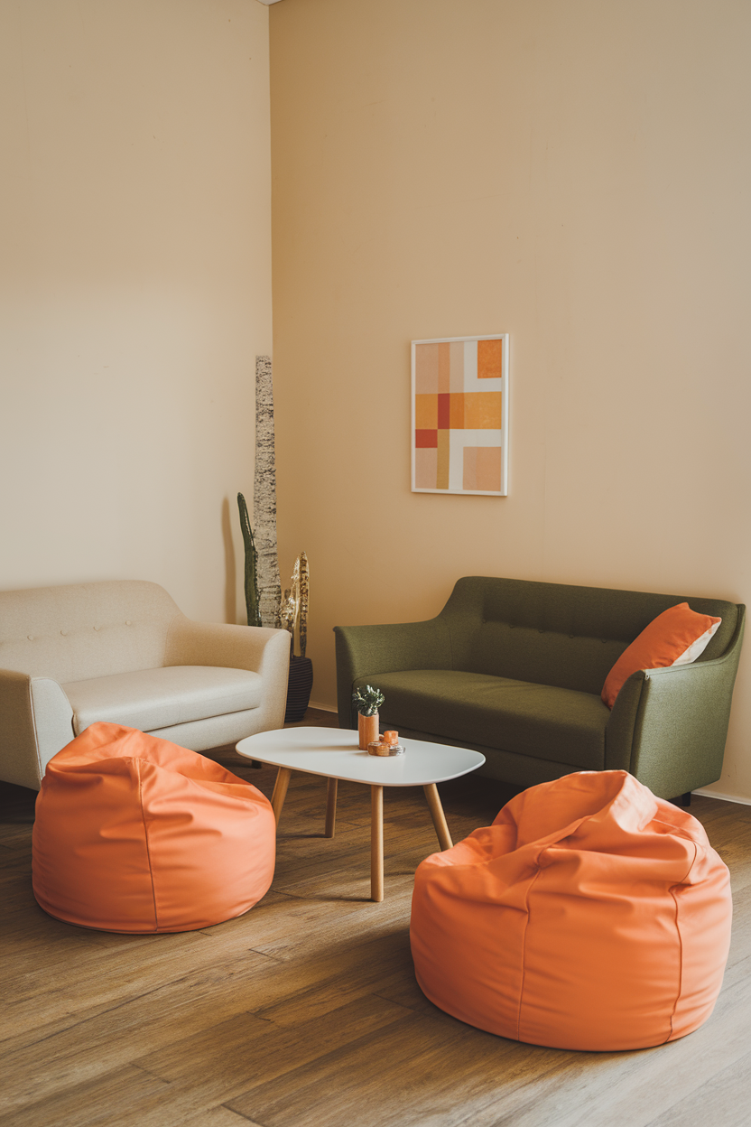 A cozy small living room with a green and beige sofa, orange bean bags, and a modern coffee table.