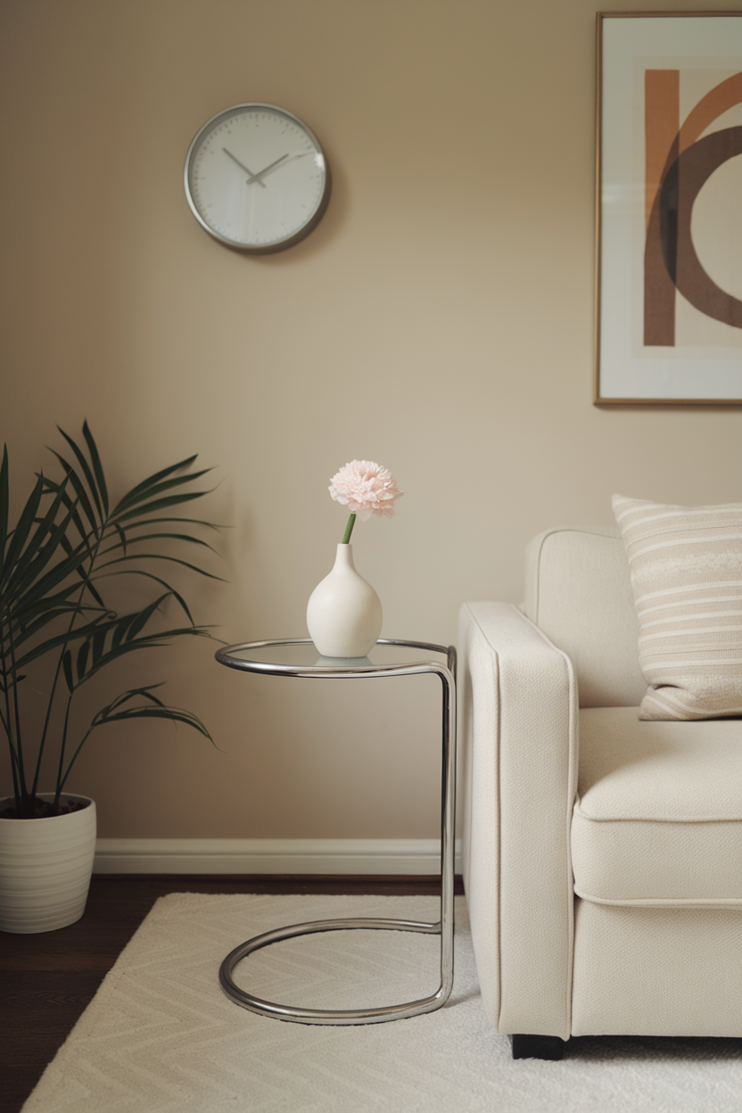 A modern side table with a vase and flower next to a light-colored sofa in a small living room.