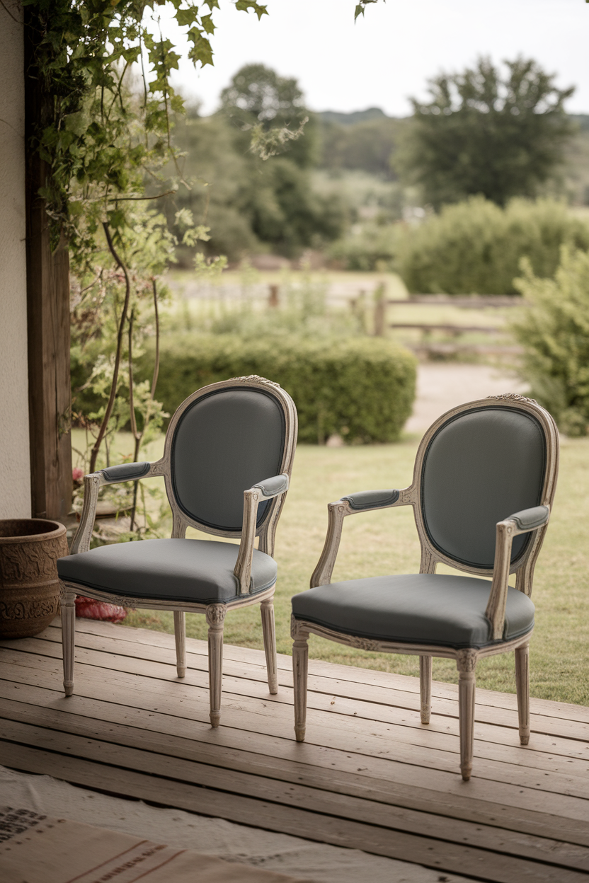 Two elegant French provincial chairs on a porch with greenery in the background.