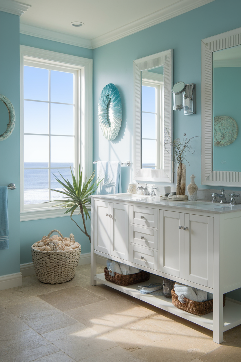 A bright bathroom with blue walls, a white vanity, and a view of the ocean.
