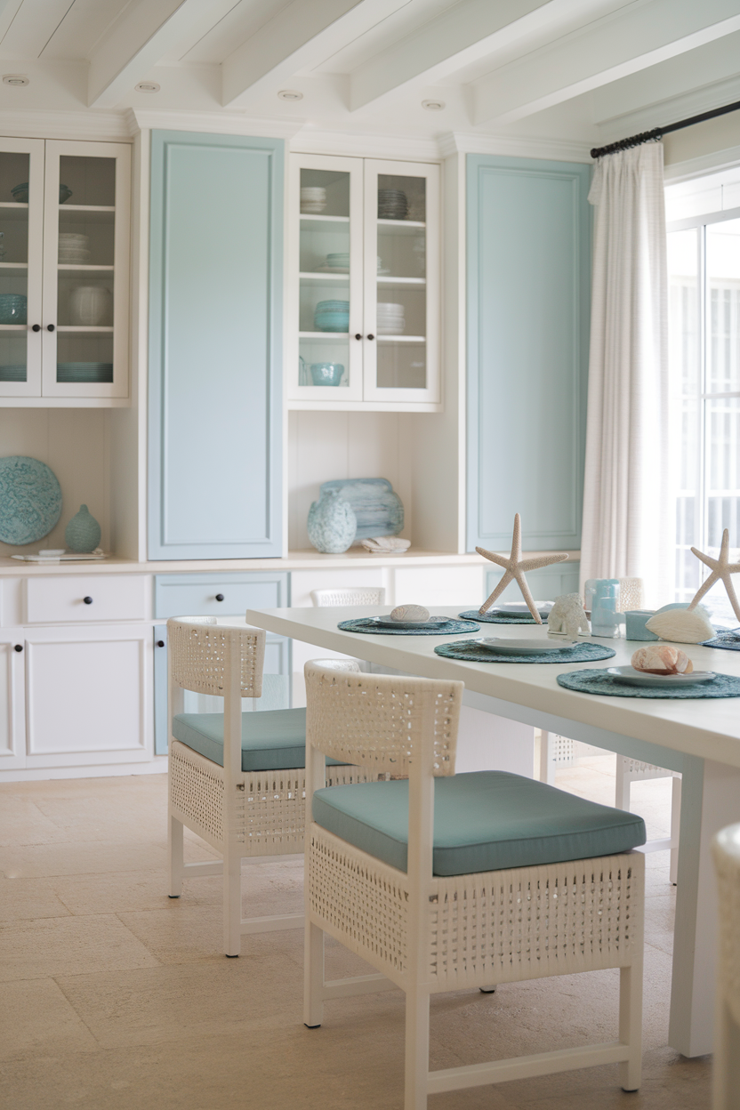 Light and airy dining area with coastal decor in soft blue and white tones.