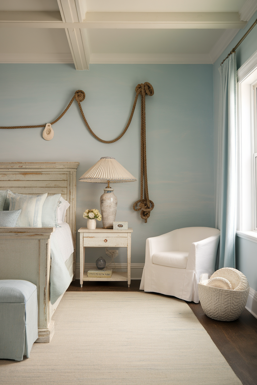 Cozy bedroom with nautical decor featuring soft blue walls, natural textures, and a comfortable atmosphere.