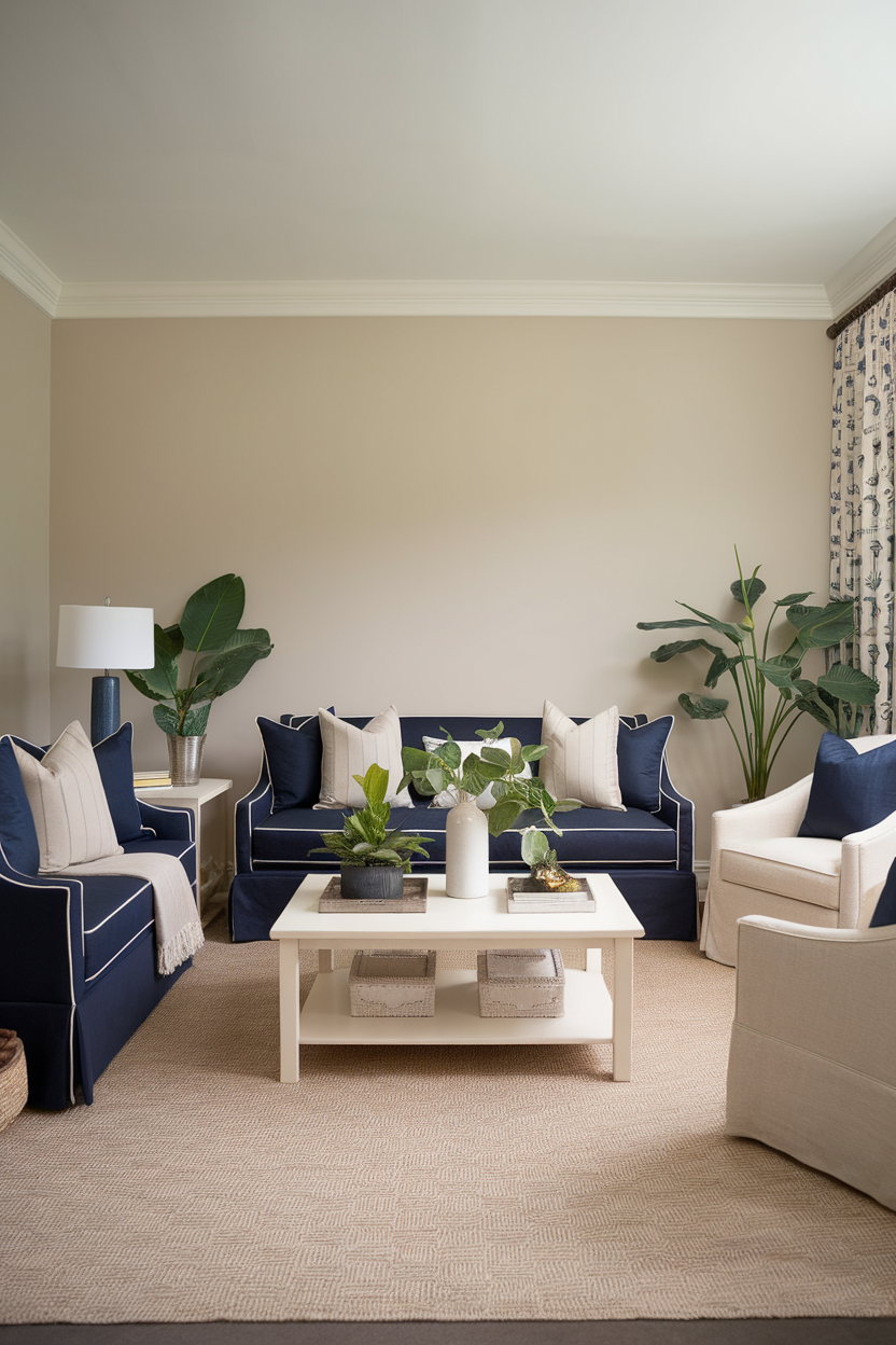 A well-decorated sitting room featuring navy and neutral colors with plants and a cozy layout.