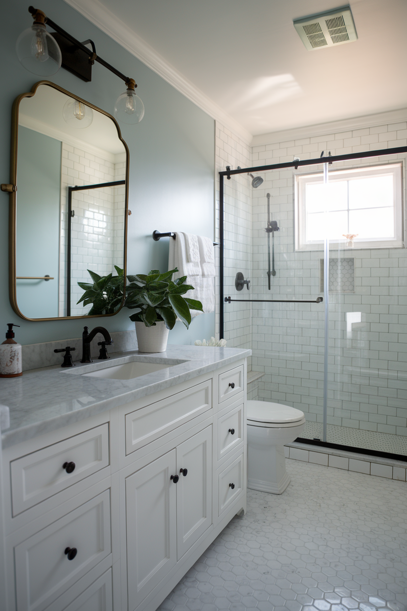 A stylish and modern bathroom with a light blue wall, white tiles, and a touch of greenery.