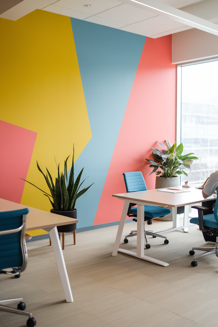A brightly colored wall in an office featuring color blocking with yellow, blue, and pink segments.