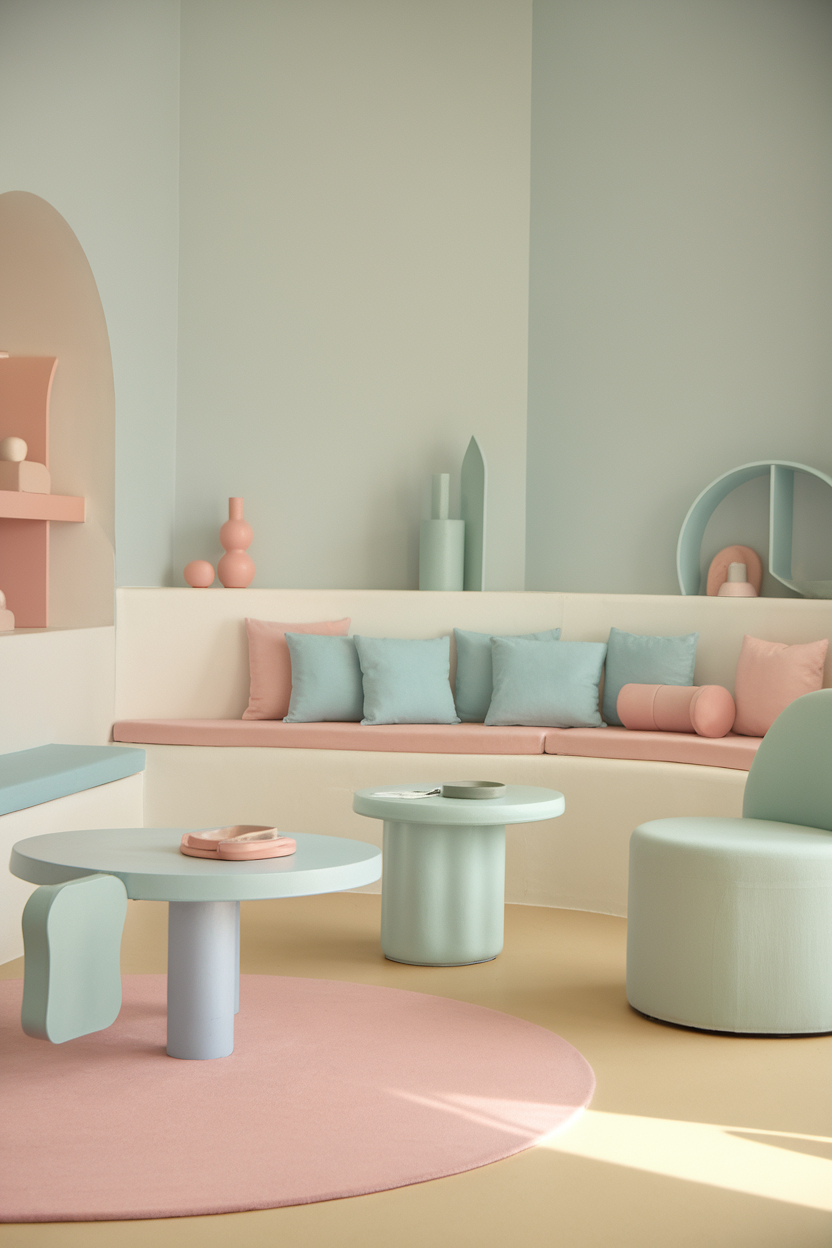 A cozy seating area featuring soft pastel colors, including mint green and blush pink, with various decorative shapes.