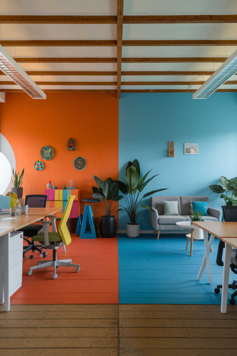 A vibrant office space divided into orange and blue areas, featuring plants and modern furniture.