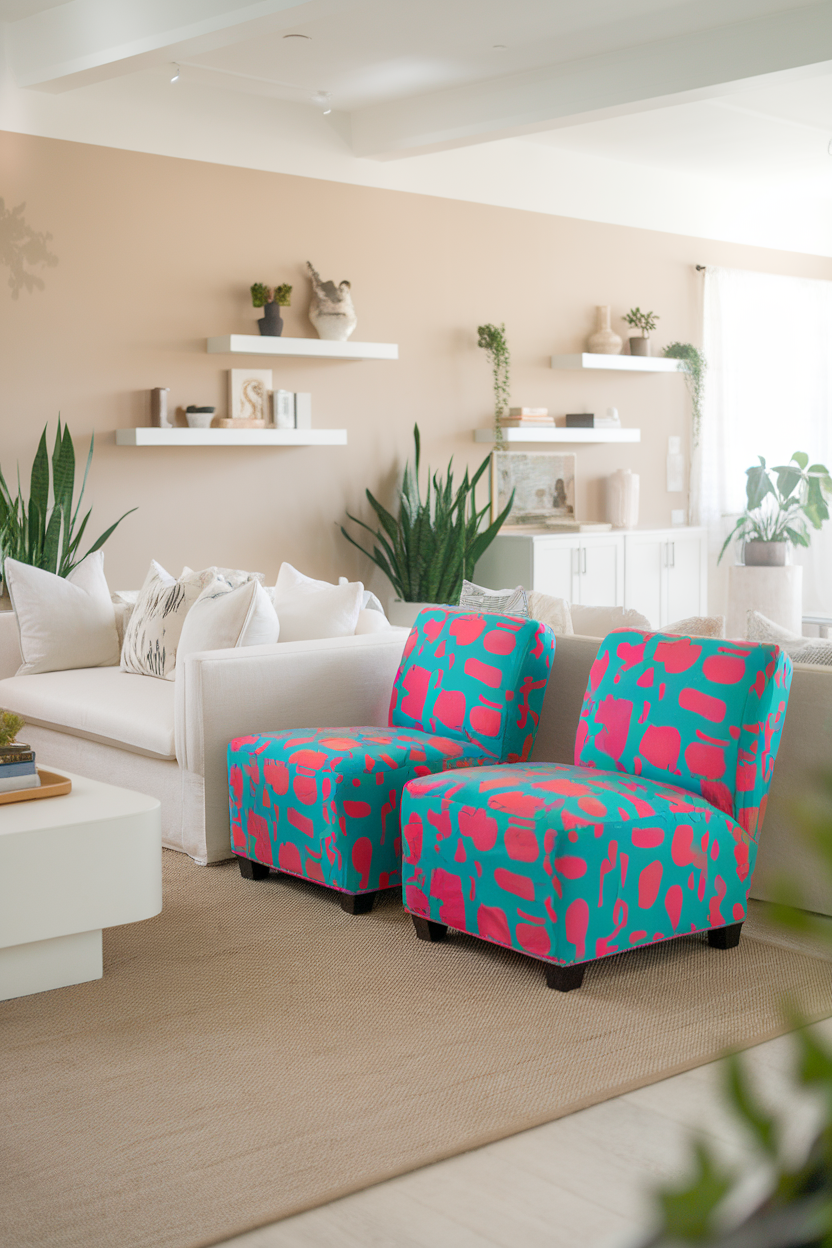 Two colorful accent chairs in a modern living room setting, with a neutral sofa and plants in the background.