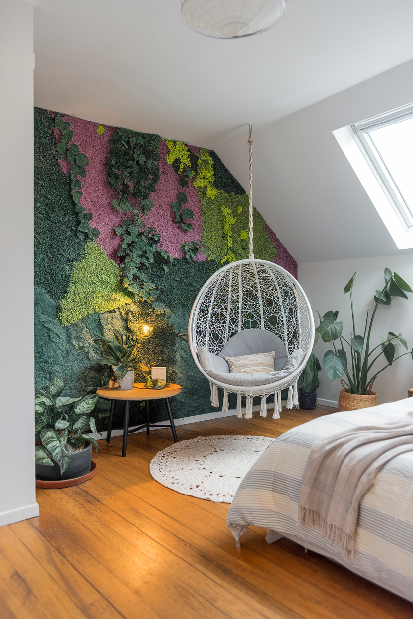 A cozy bedroom featuring a colorful accent wall with greenery and a hanging chair.