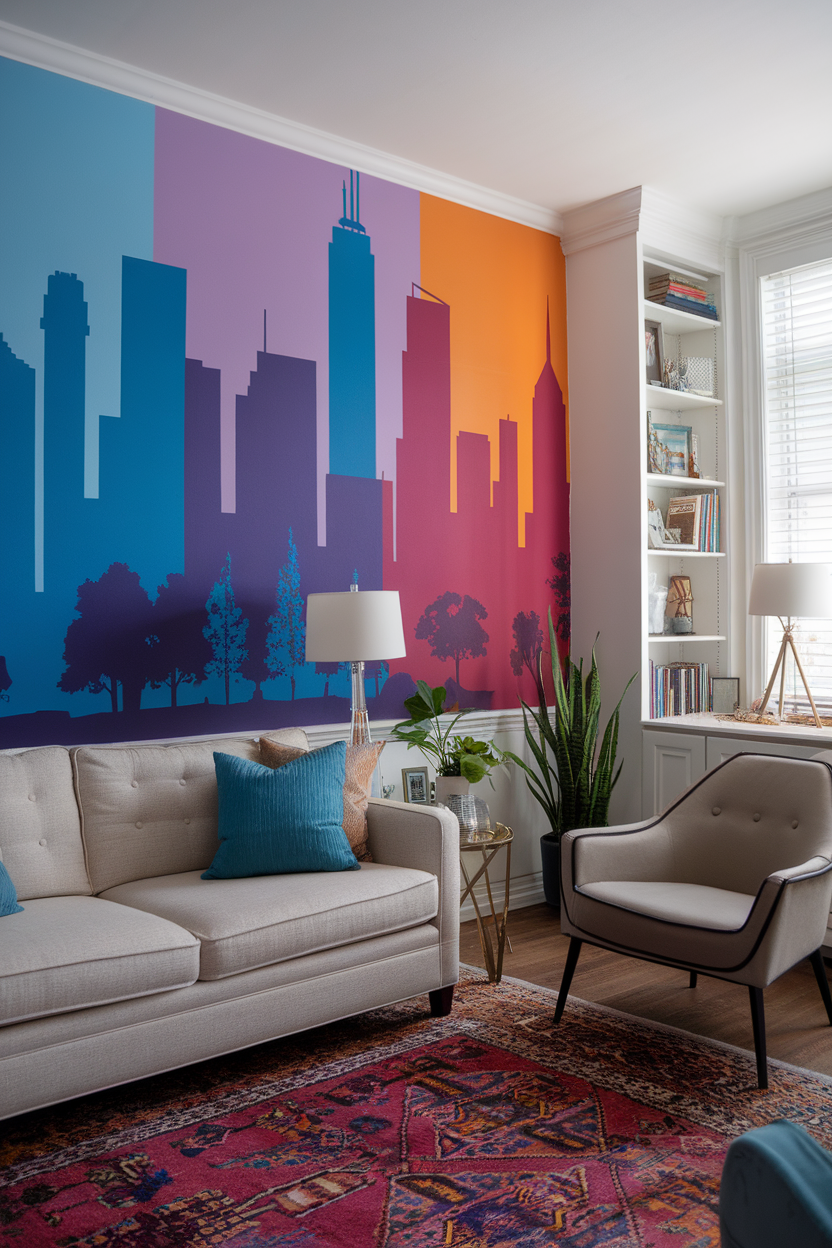 Sitting room with a colorful accent wall featuring a city skyline silhouette.