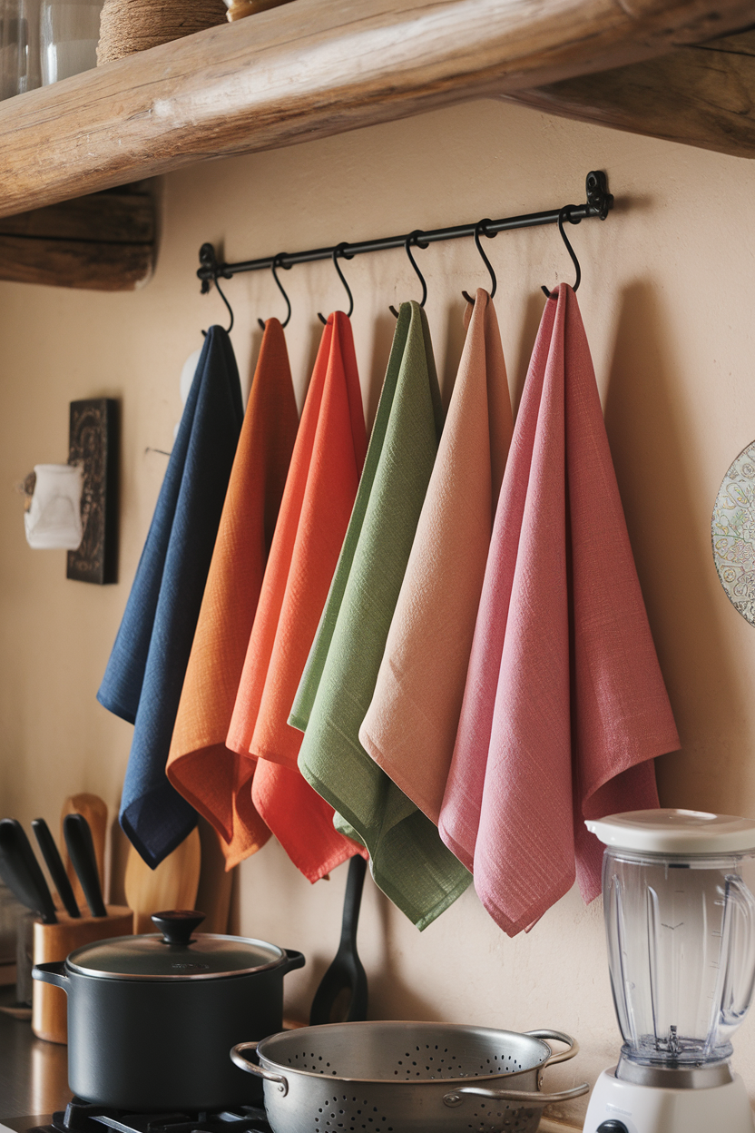 A variety of colorful dish towels hanging on a rack in a kitchen setting.