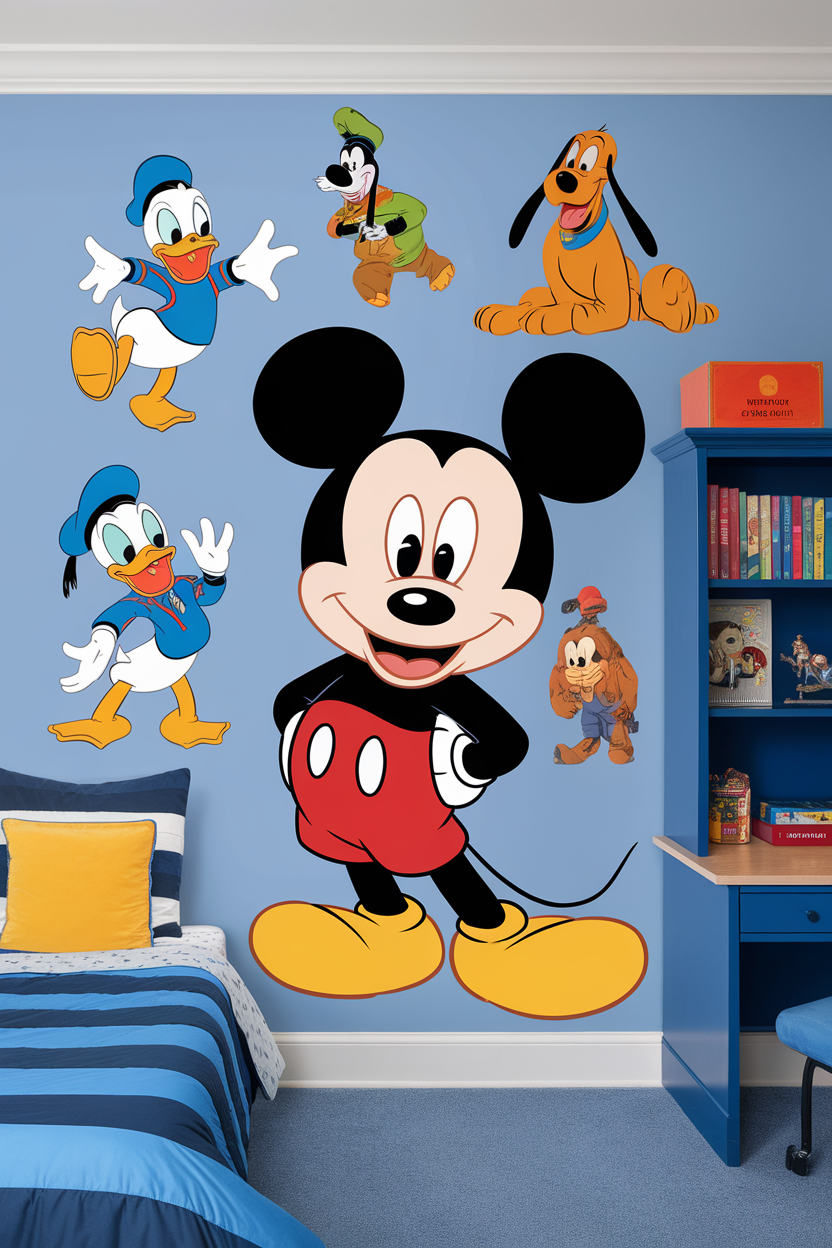 A kids room featuring colorful wall decals of Mickey Mouse and friends on light blue walls.