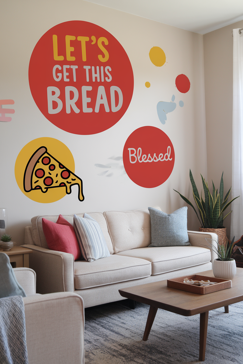 Colorful wall decals in a living room featuring playful phrases and a pizza slice illustration.