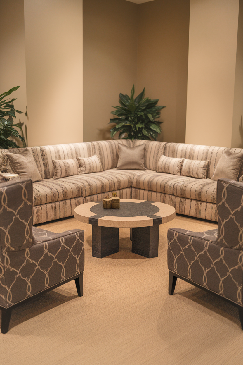 A cozy seating arrangement featuring a striped sofa and patterned chairs.