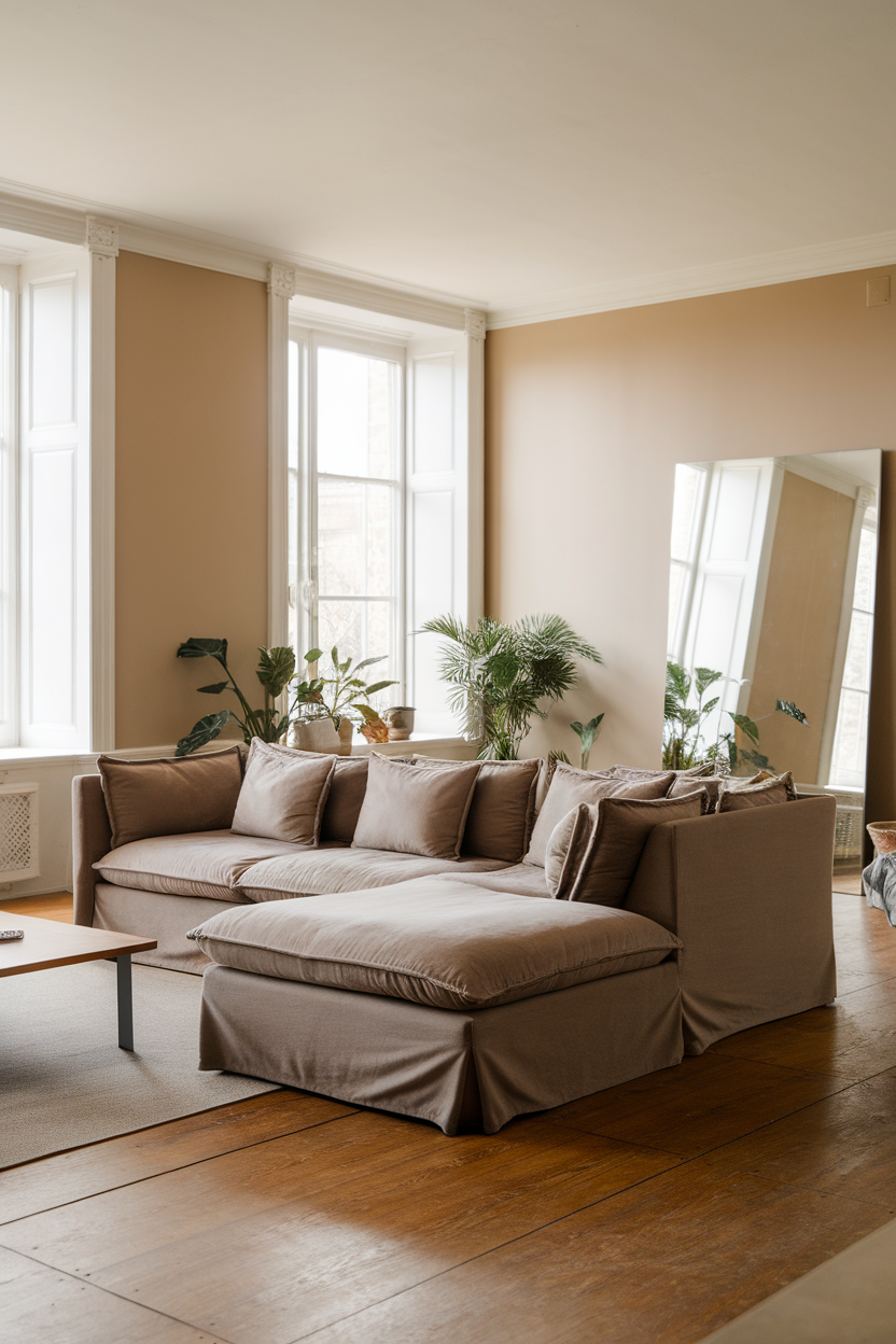 A cozy and stylish sectional sofa in a well-lit living room.