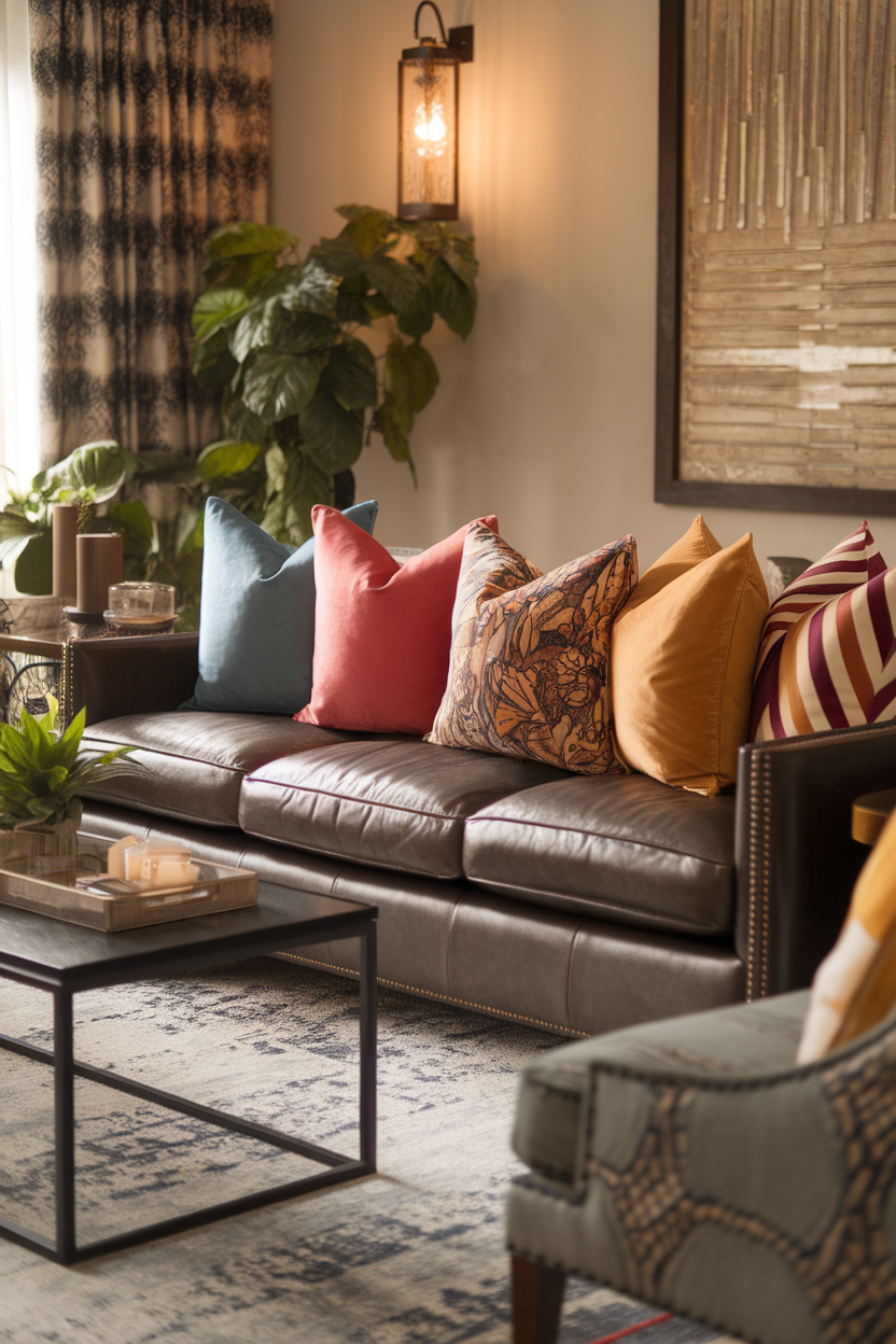 A stylish living room with a comfortable sofa adorned with colorful accent pillows.