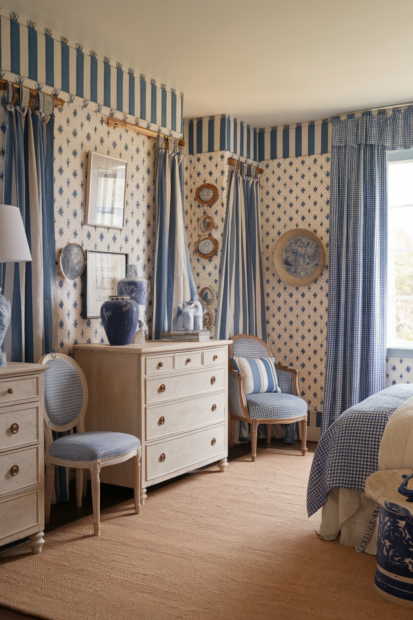 A cozy room decorated with blue and white striped curtains, patterned wallpaper, and rustic furniture.